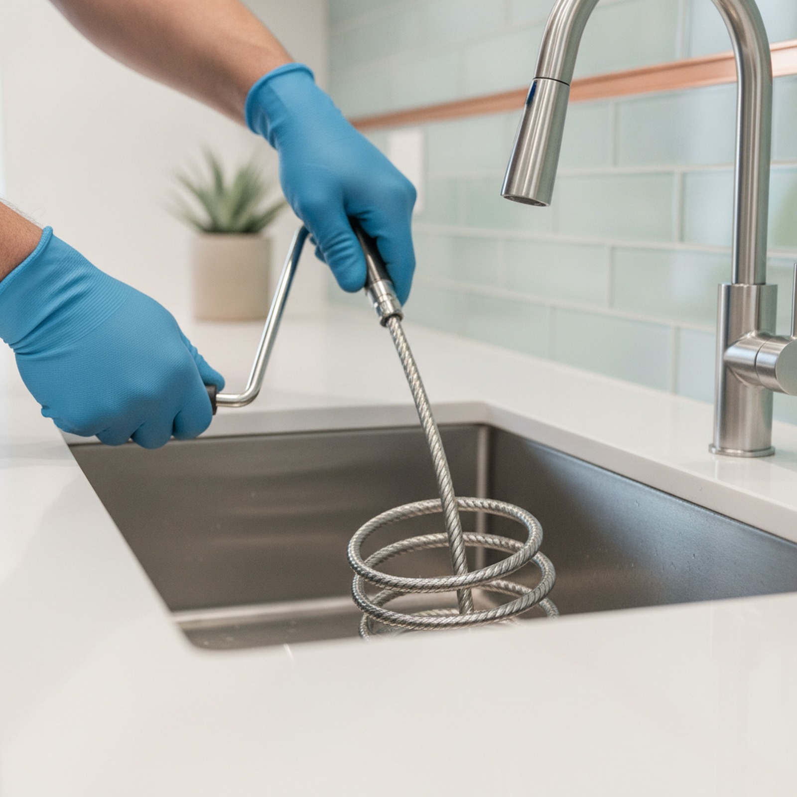 Plumber performing drain cleaning service in a Gilbert, AZ home