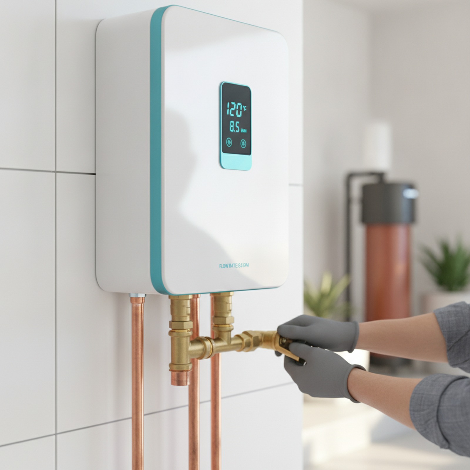 Close-up of a tankless water heater installation